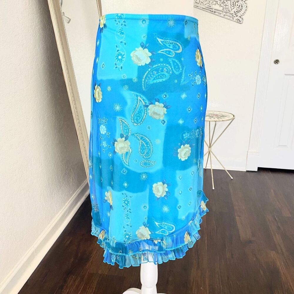 Kikiriki Early 2000's Teal Blue Rose Ruffle Mesh Midi Skirt S / M